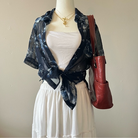 sheer floral dark navy blue short sleeve button up/ cover🌟 - Picture 1 of 10